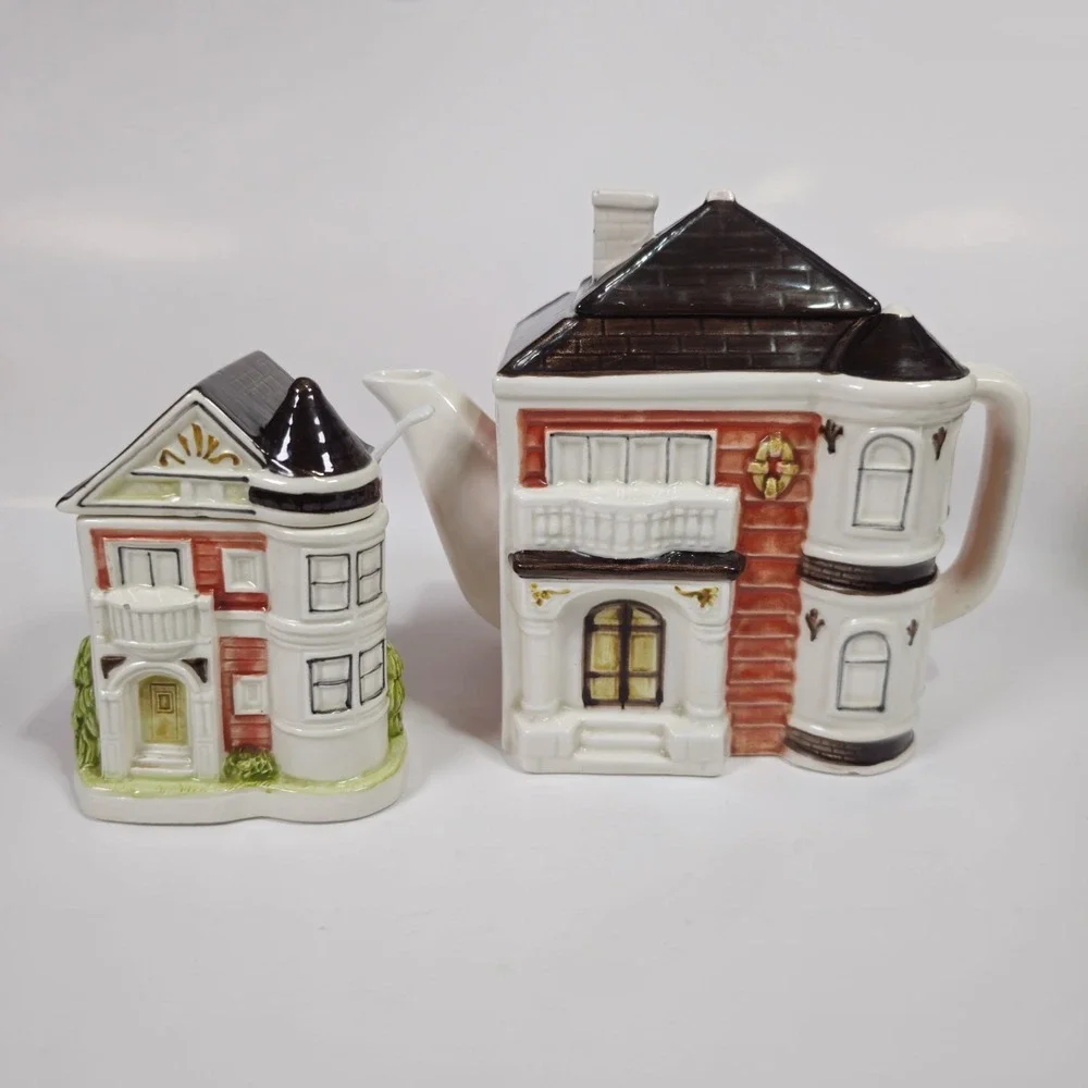 Vintage Otagiri 2Pc Hand Painted Cottage House Teapot and Sugar Set Japan